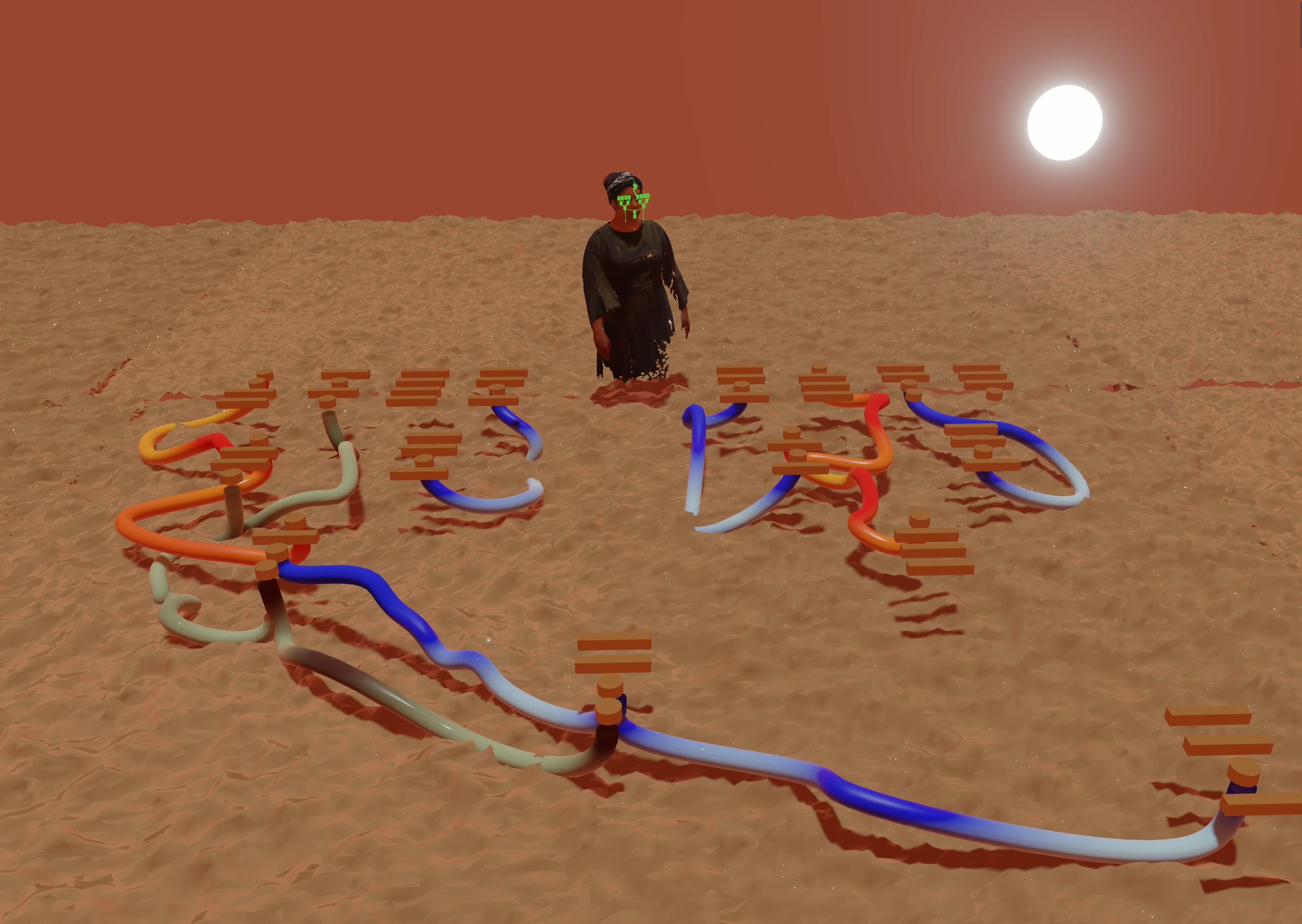 Image: Screenshot of a 3D model showing a gloomy red sky with big white sun. The floor is made out of the sand, and there are figures of geomancy divination on the sand connected with colourful pipelines together.