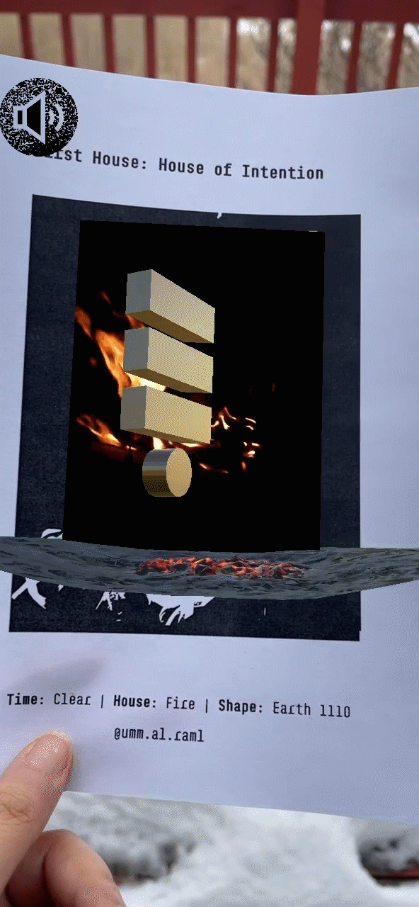 Animated Gif: A target-based augmented reality. The shape activates the AR on the paper. In this case, the AR shape presents the divination figure and its elements, the fire and earth.
