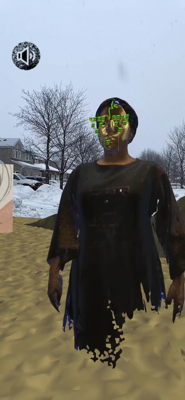 Animated gif: An augmented reality placed outdoors. The location is on the street on a snowy and cloudy day in Canada. The augmented reality presents a 3D model with a female divinator character based on a 3D scan of a woman’s body wearing a long green dress and having a bright green digital mask covering her face.